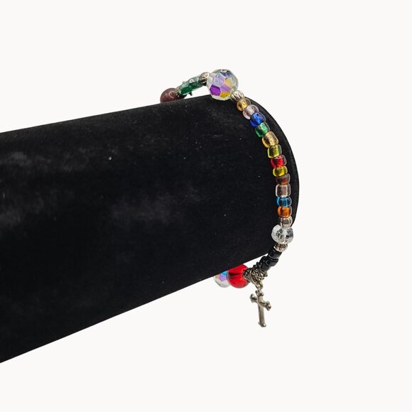 Star of Bethlehem Womens Multicolor Beaded Silver Tone Cross Religious Bracelet - Picture 2 of 13
